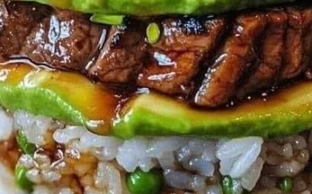 Teriyaki Beef and Avocado Rice Stack