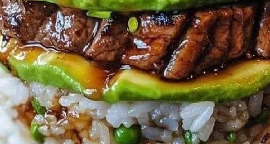 Teriyaki Beef and Avocado Rice Stack