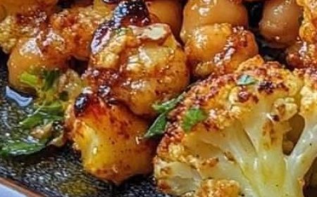 Honey Curry Roasted Cauliflower with Grilled Halloumi and Crunchy Chickpeas