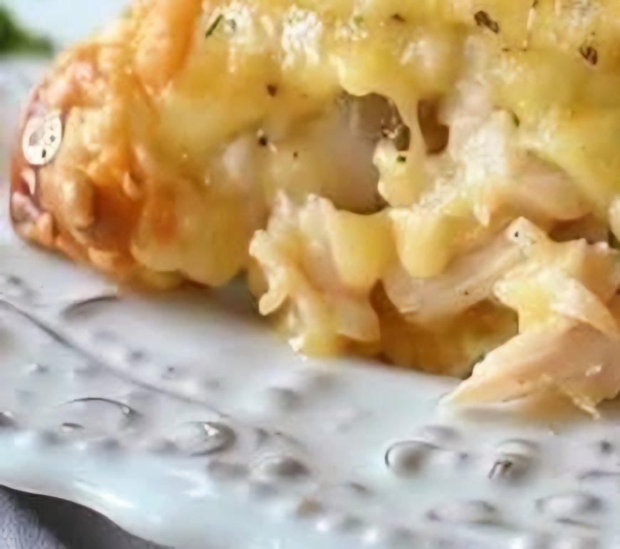 Chicken with French onion flavor baked in a bubbly casserole