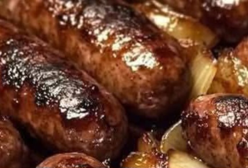 Oven Braised Beer Brats with Caramelized Onions and Apples